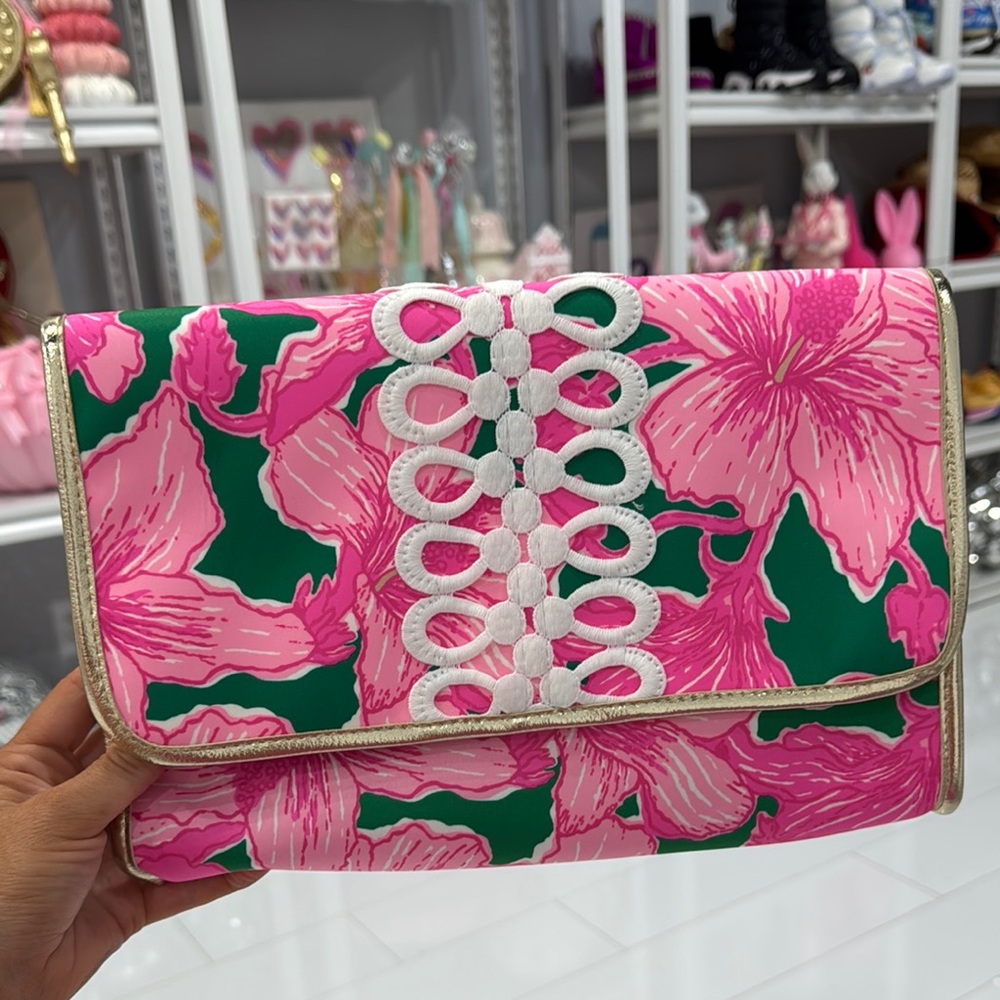 Lilly Pulitzer Pink & Green Floral Clutch with White Trim